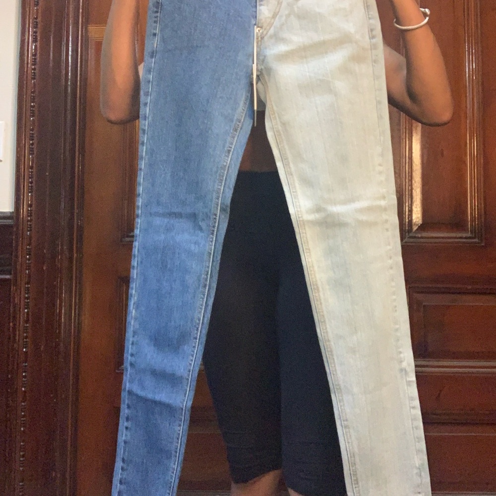 PUSH BUTTON Chic Two-Tone Blue and Cream Straight Leg Jeans